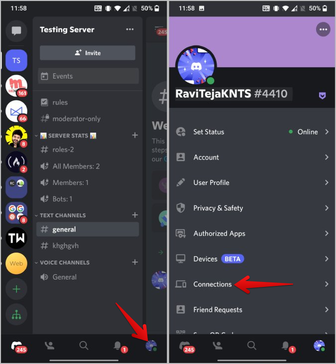 Opción de conexiones en Discord Mobile