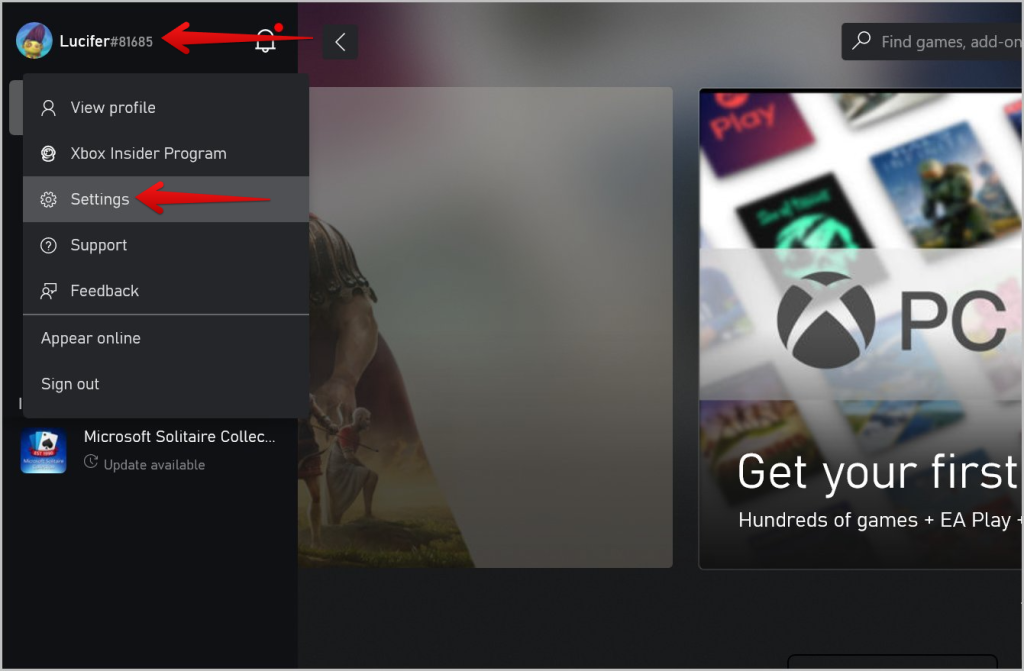 Abra la configuración de la aplicación de PC de Xbox