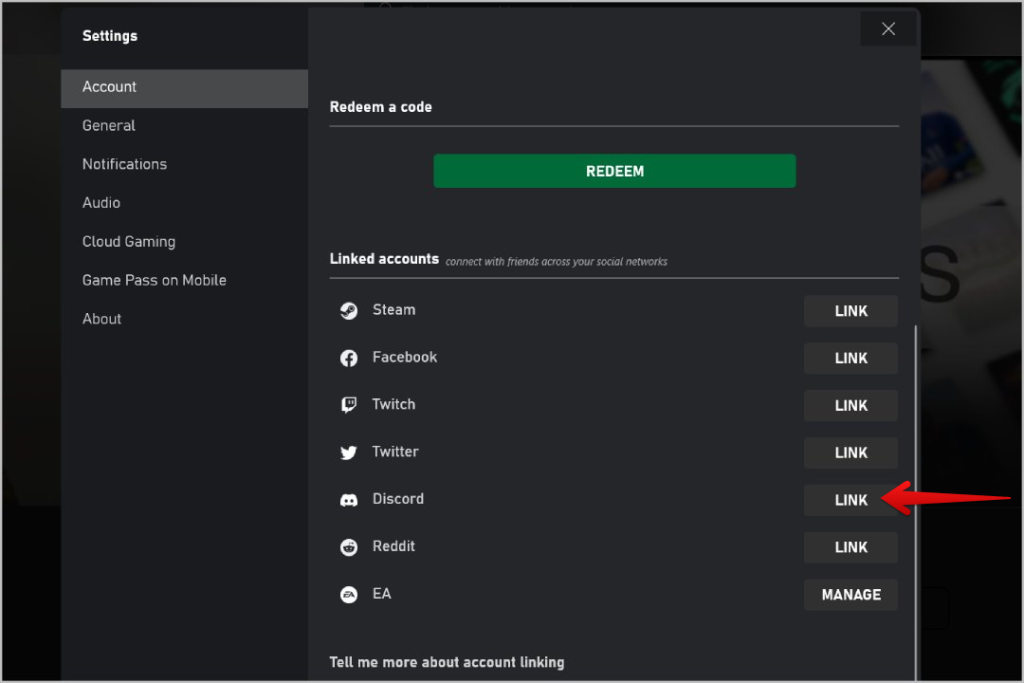 Vinculación de Discord de la aplicación de PC Xbox