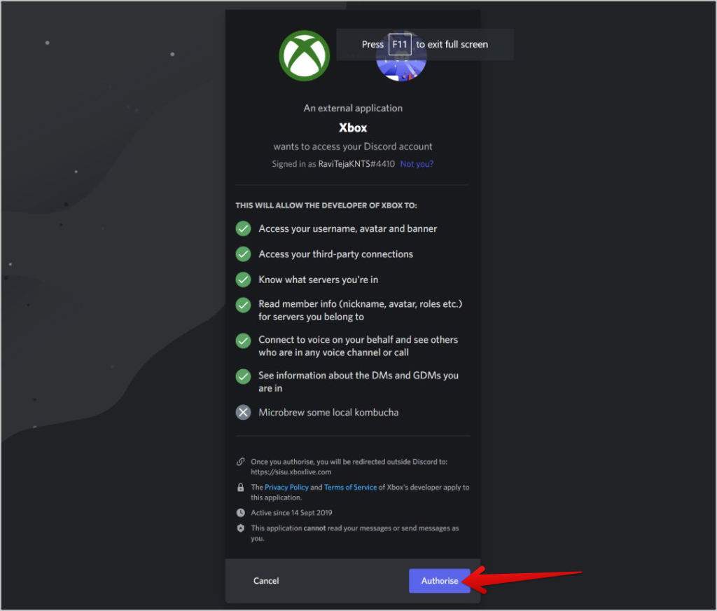 Autorizar la conexión de Xbox y Discord