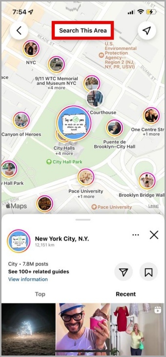 Área de búsqueda en el mapa de Instagram