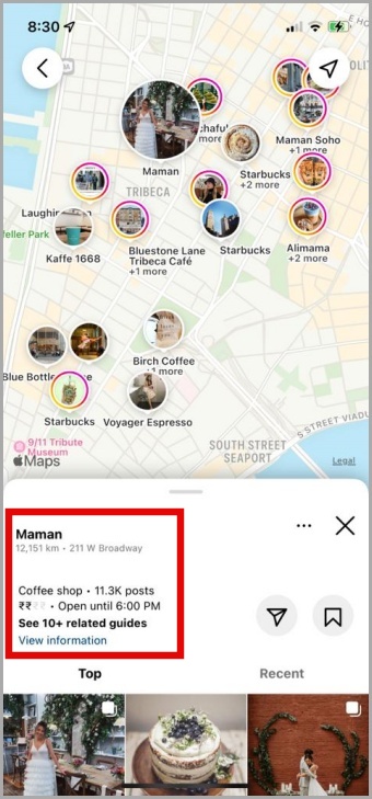 Encuentre información sobre un negocio en el mapa de Instagram