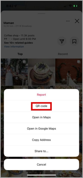 Compartir ubicación como código QR desde Instagram Mobile
