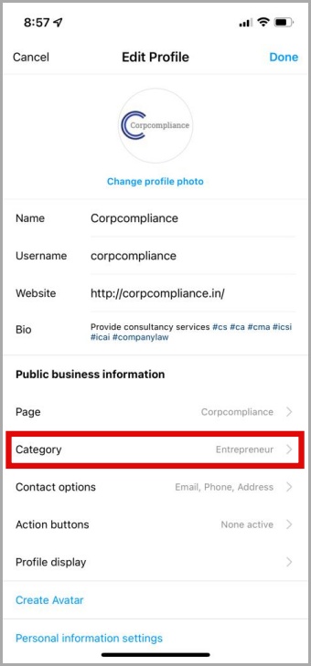 Edición de la categoría de perfil de Instagram en dispositivos móviles