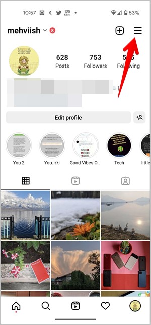 Pantalla de perfil de Instagram Abierto