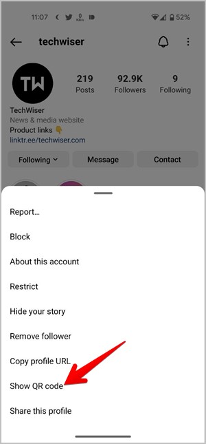 Código QR móvil de Instagram