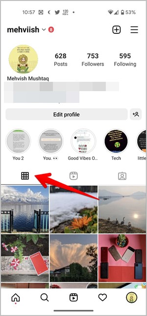 Pestaña de publicaciones móviles de Instagram
