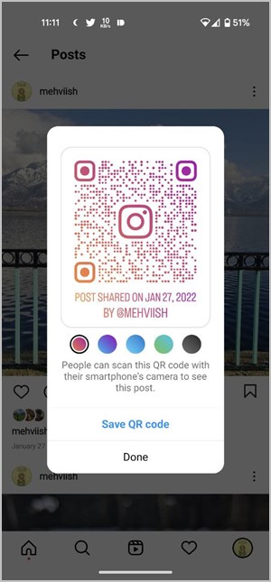 Instagram Publicaciones móviles Código QR Personalizar