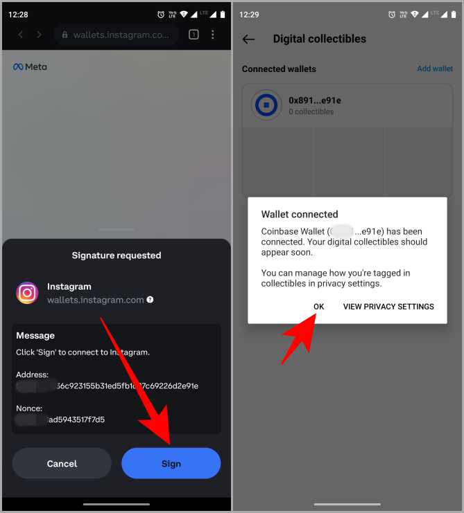 Firma de la billetera para coleccionables digitales en Instagram