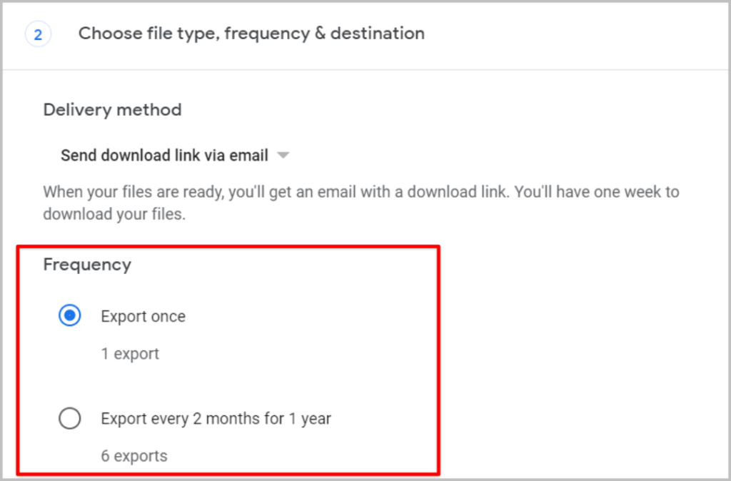 Frecuencia de exportación en Google Takeout