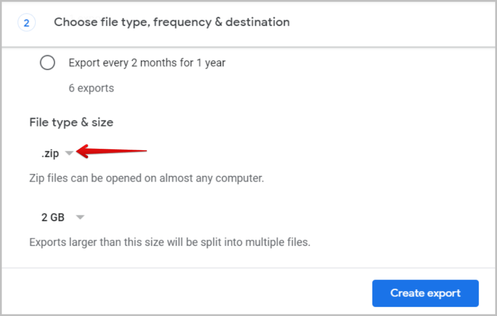 Seleccionar el formato ZIP en Google Takeout