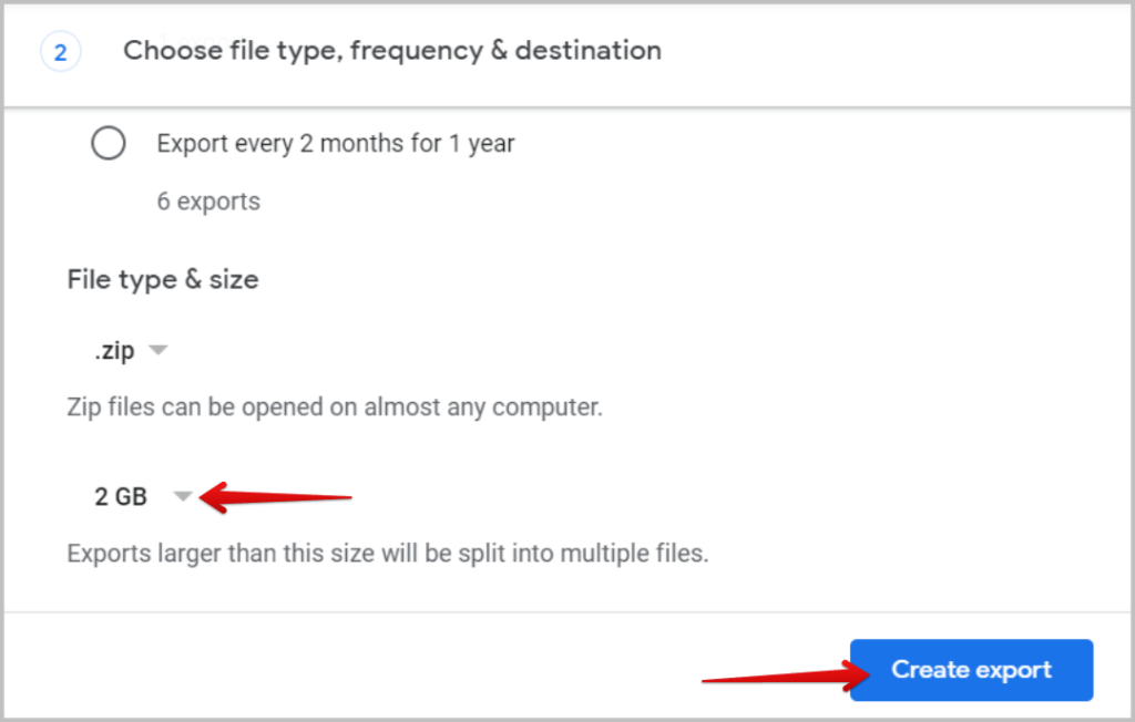 Creación de una exportación en Google Takeout