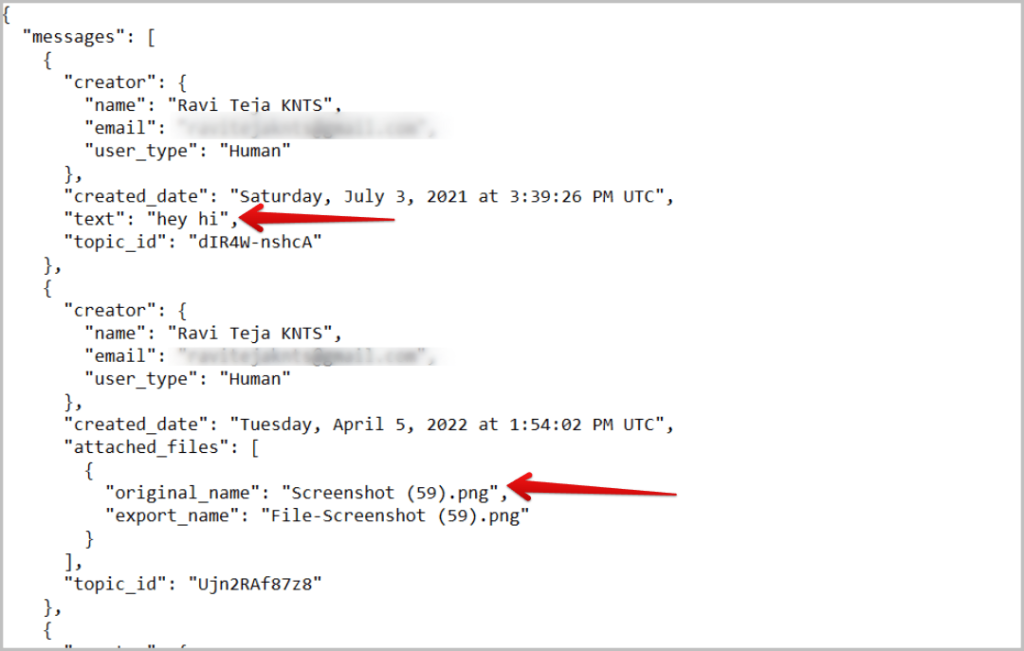 Mensajes en el archivo JSON