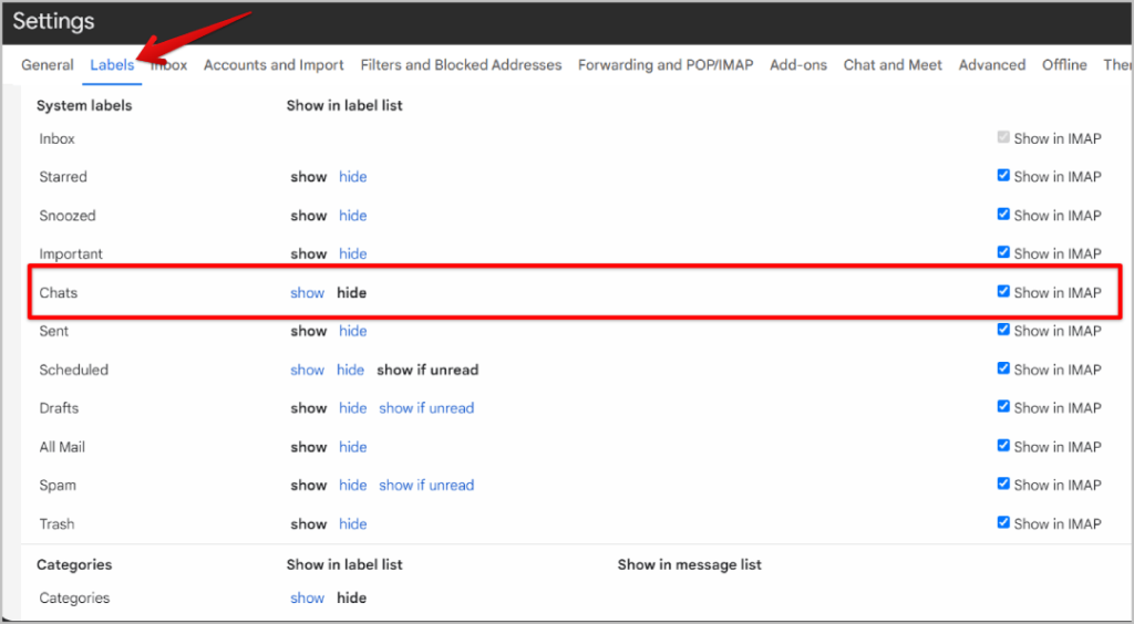 Mostrar en IMAP para chats en Gmail