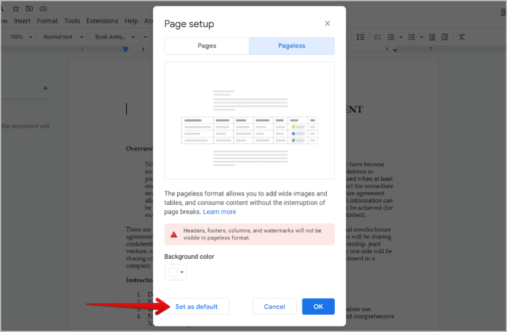 Configuración sin pago como predeterminado en Google Docs