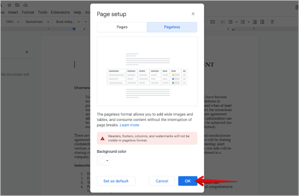 Configuración del documento como sin tracción en Google Docs