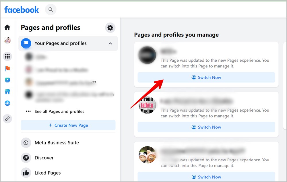 Interruptor de la computadora de Facebook a la página desde el perfil