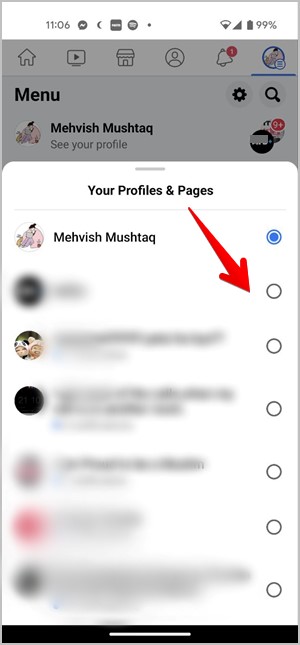 Cambio móvil de Facebook a la página desde el perfil