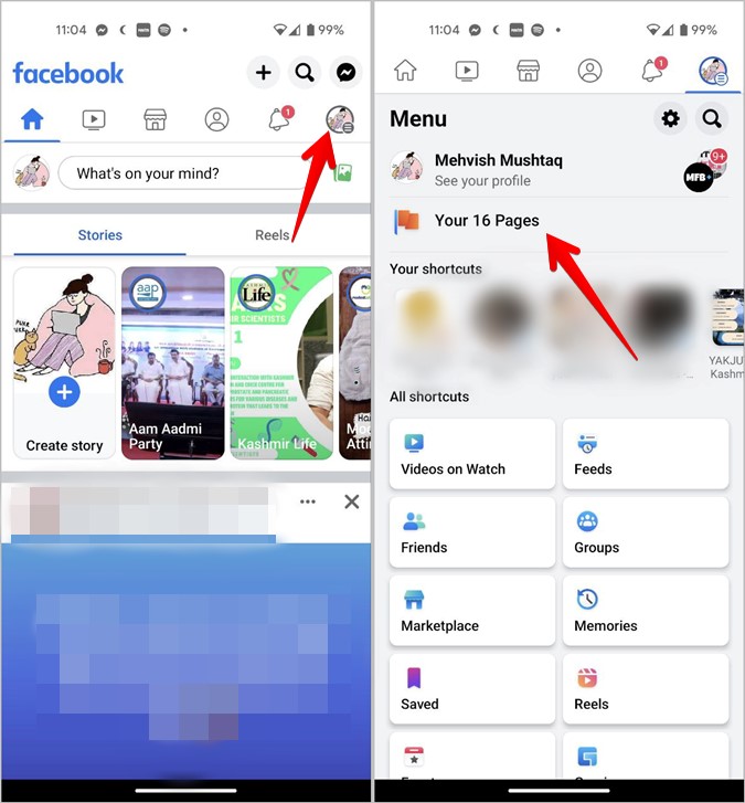 Cambio móvil de Facebook a la página de sus páginas