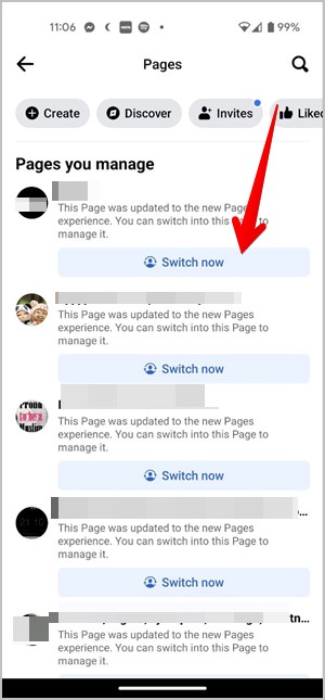 Cambio móvil de Facebook a la página ahora