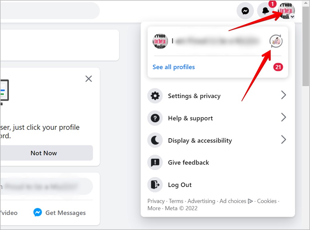 Interruptor de la computadora de Facebook al perfil