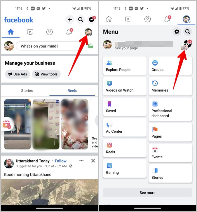 Facebook Android Switch al perfil
