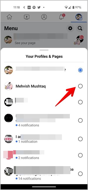 Facebook Android Switch al perfil desde la página