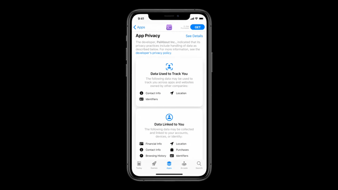 Apple App Store que muestra las características de privacidad de la aplicación de iOS 14