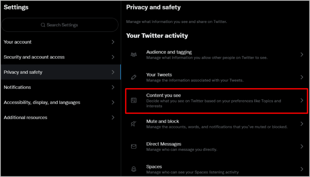 Contenido que ve la opción en la configuración de privacidad de Twitter