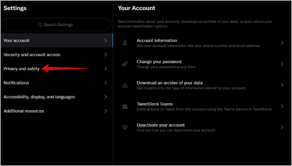 Opción de privacidad y seguridad en la configuración