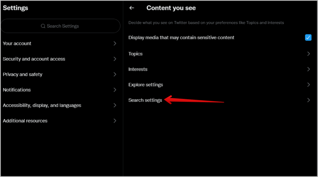 Configuración de búsqueda en la configuración de Twitter