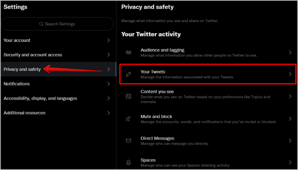 Su opción de tweets en opción de privacidad y seguridad