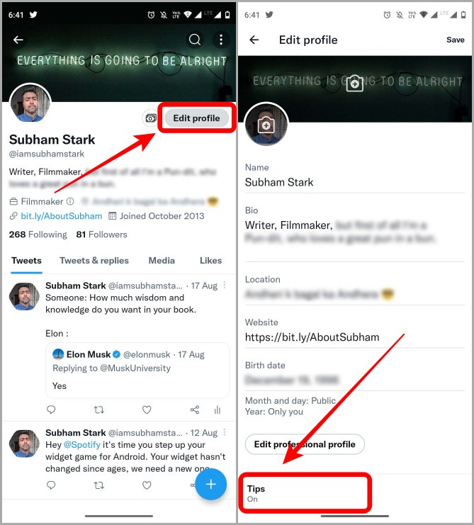 Configuración de consejos de Twitter en la configuración de editar perfil