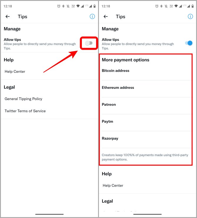 Opciones de pago con consejos de Twitter