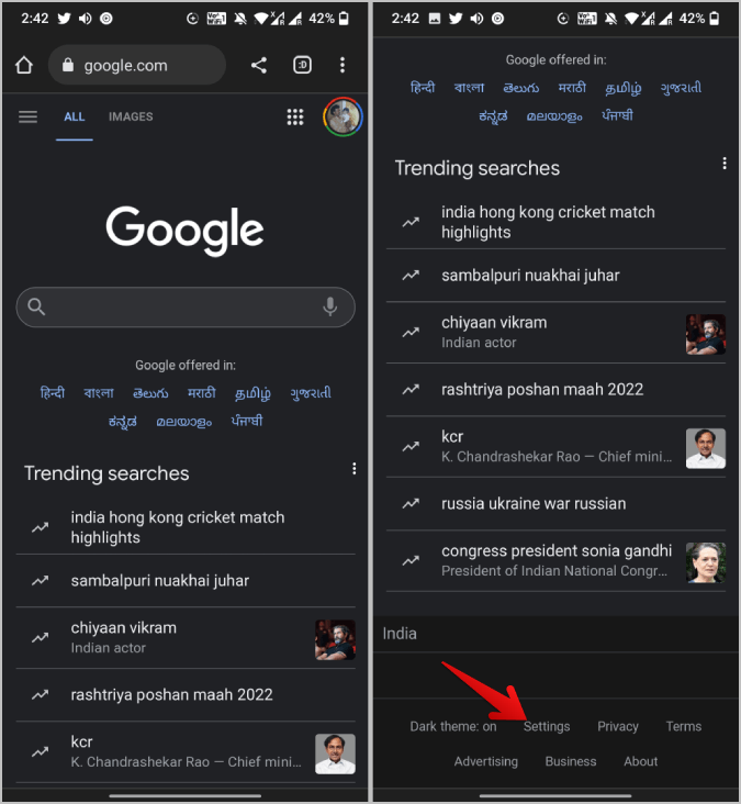Apertura de la configuración en Google Mobile