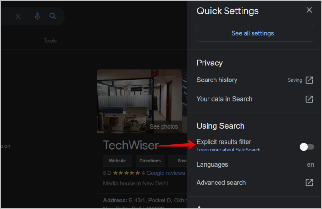Habilitar el filtro de resultados explícitos en la configuración rápida de Google