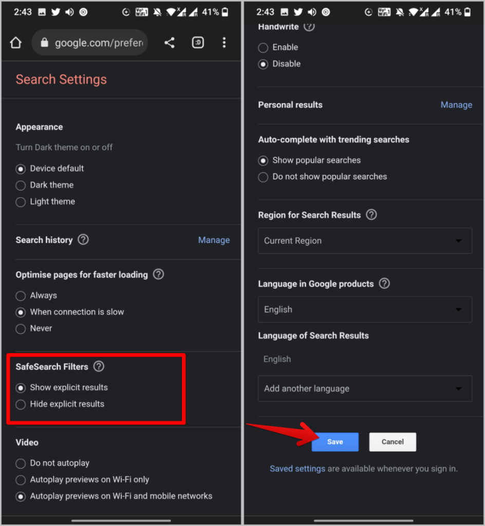 Filtros de investigación de seguridad en Google Search Mobile