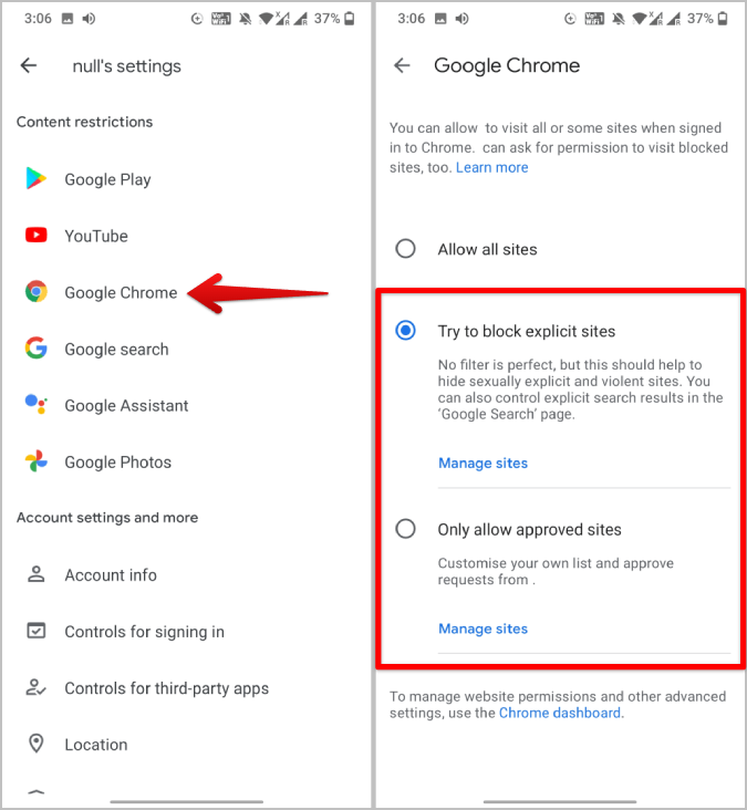 Bloqueo de sitios web en Google Chrome en la cuenta infantil de Google