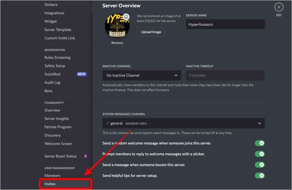 Invita la opción en la configuración del servidor en Discord
