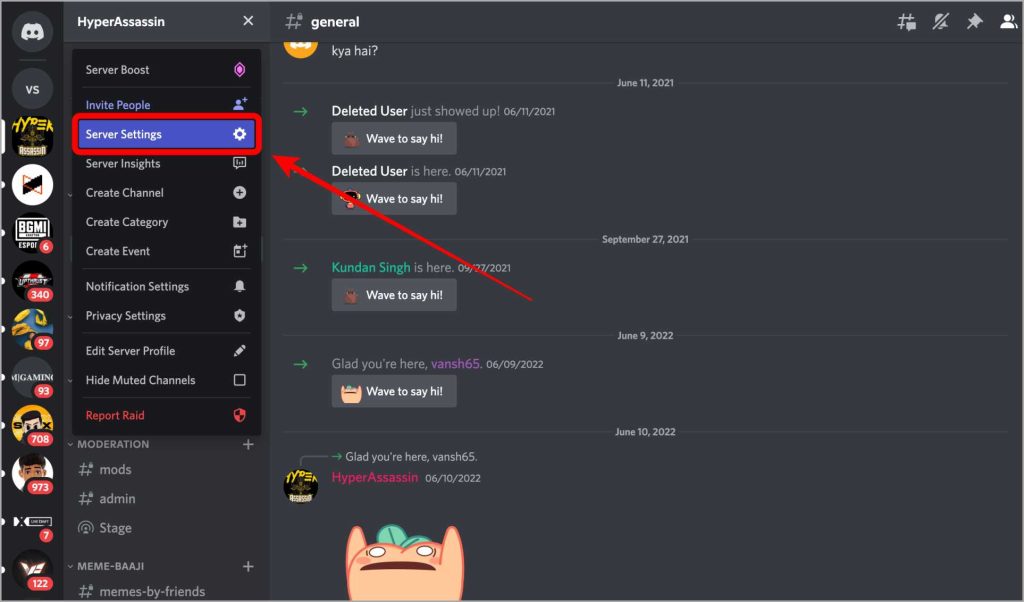 Abrir configuración del servidor en Discord