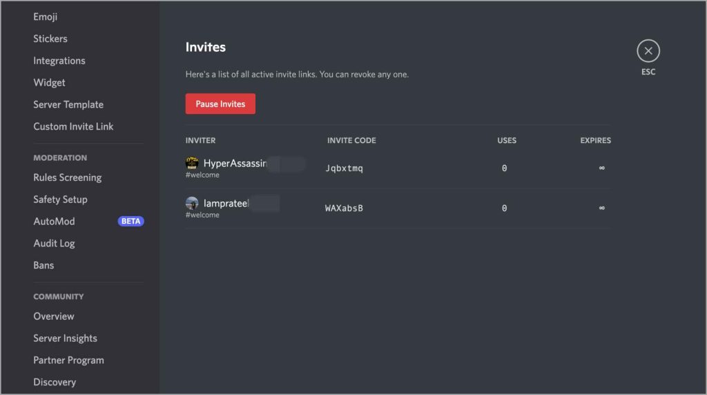 Invite eliminado de la lista en Discord