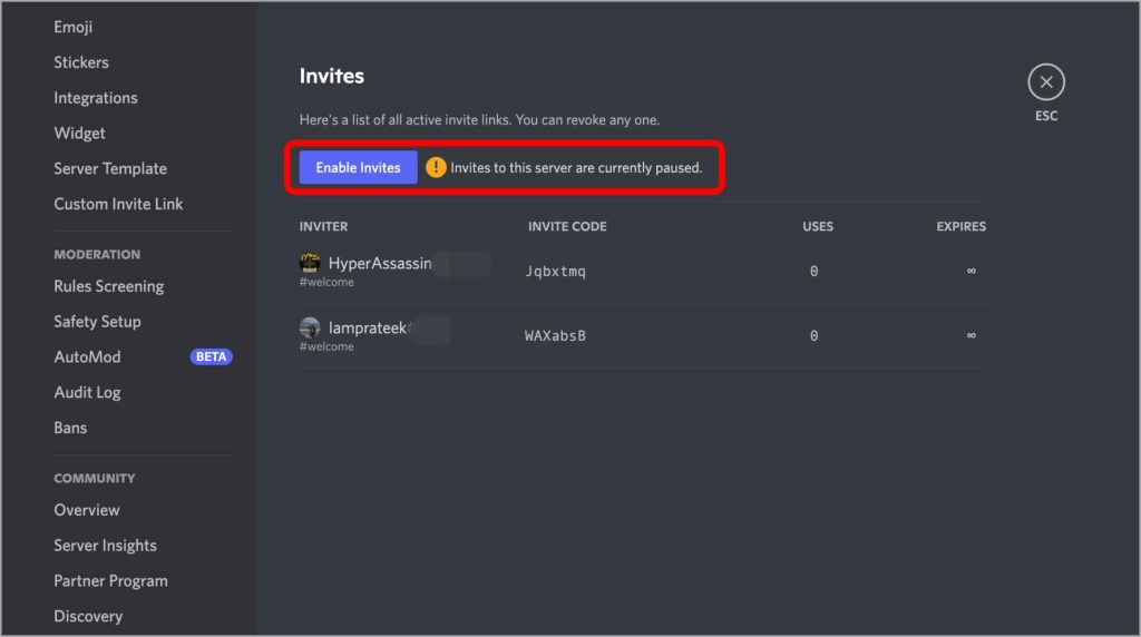Invites Paused of Server en Discord