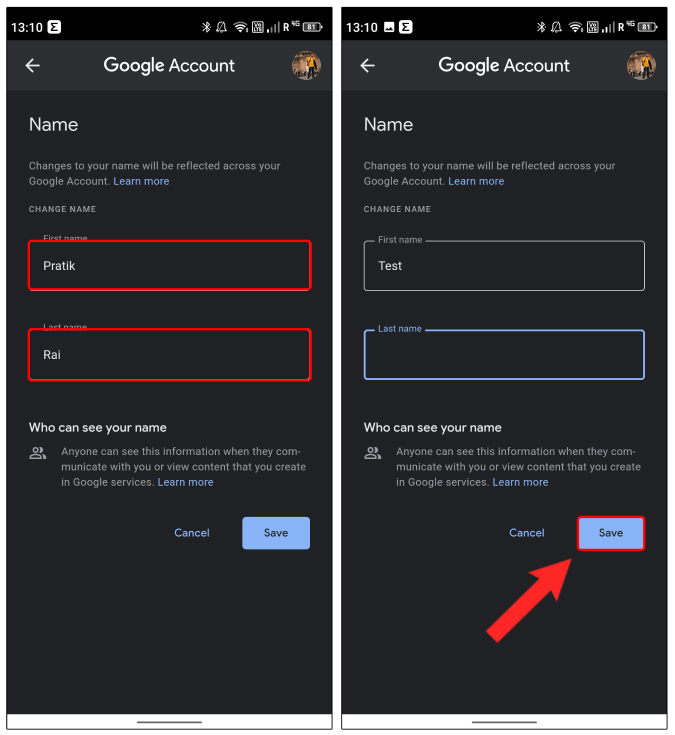 Cambiar el nombre de Gmail y guardar cambios