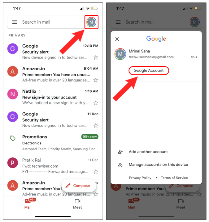 Icono de perfil y cuenta de Google en Gmail
