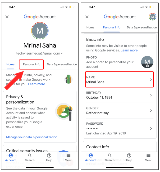 Configuración de la cuenta de Google e información personal
