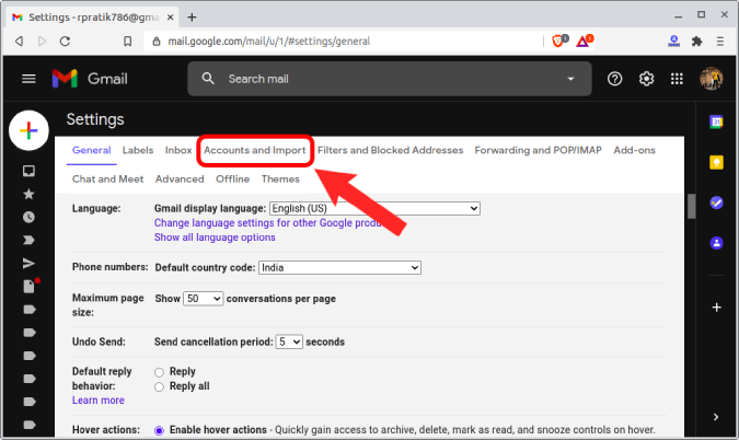 Pestaña de cuenta e importación en Gmail