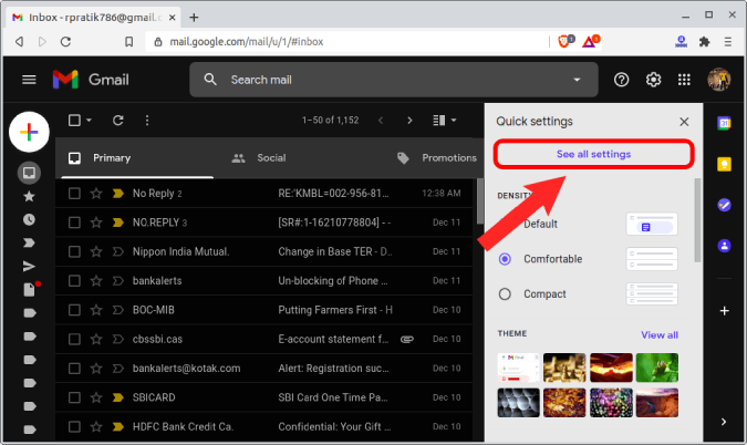 Vea todo el botón de configuración en Gmail
