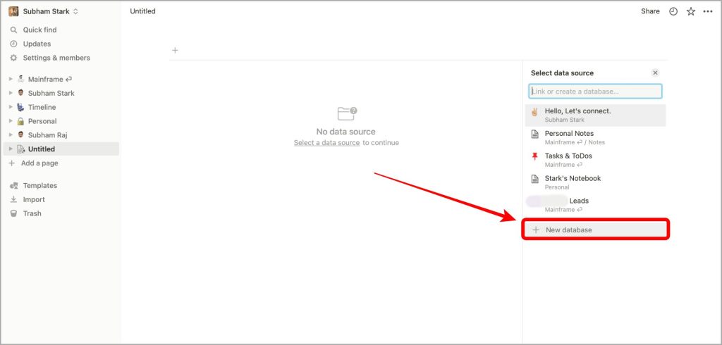 nueva opción de base de datos en la aplicación web de noción