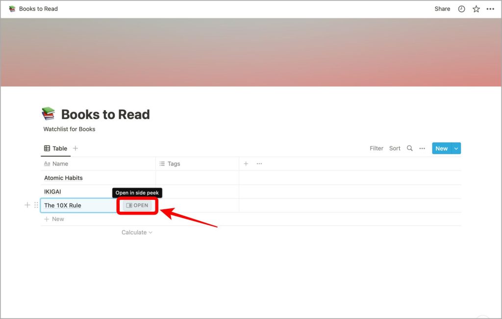 Abra el elemento de la base de datos en la aplicación web de noción