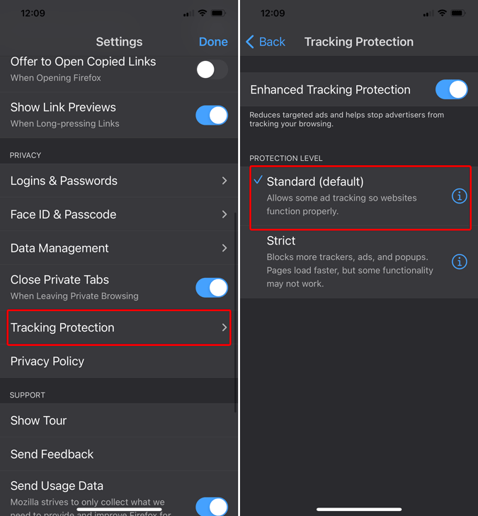 Protección de seguimiento estándar en Firefox en iOS